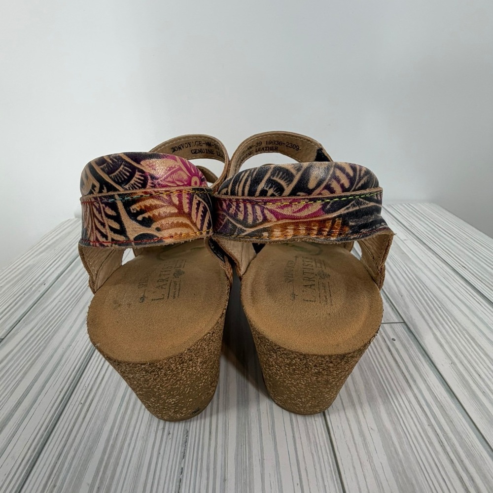 L'Artiste Bonvoyage Sandals Floral Embossed Leather Women's Size 39/8 US - Picture 10 of 10